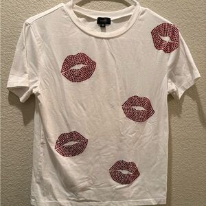 White Short Sleeve Tee with Red Lip Print